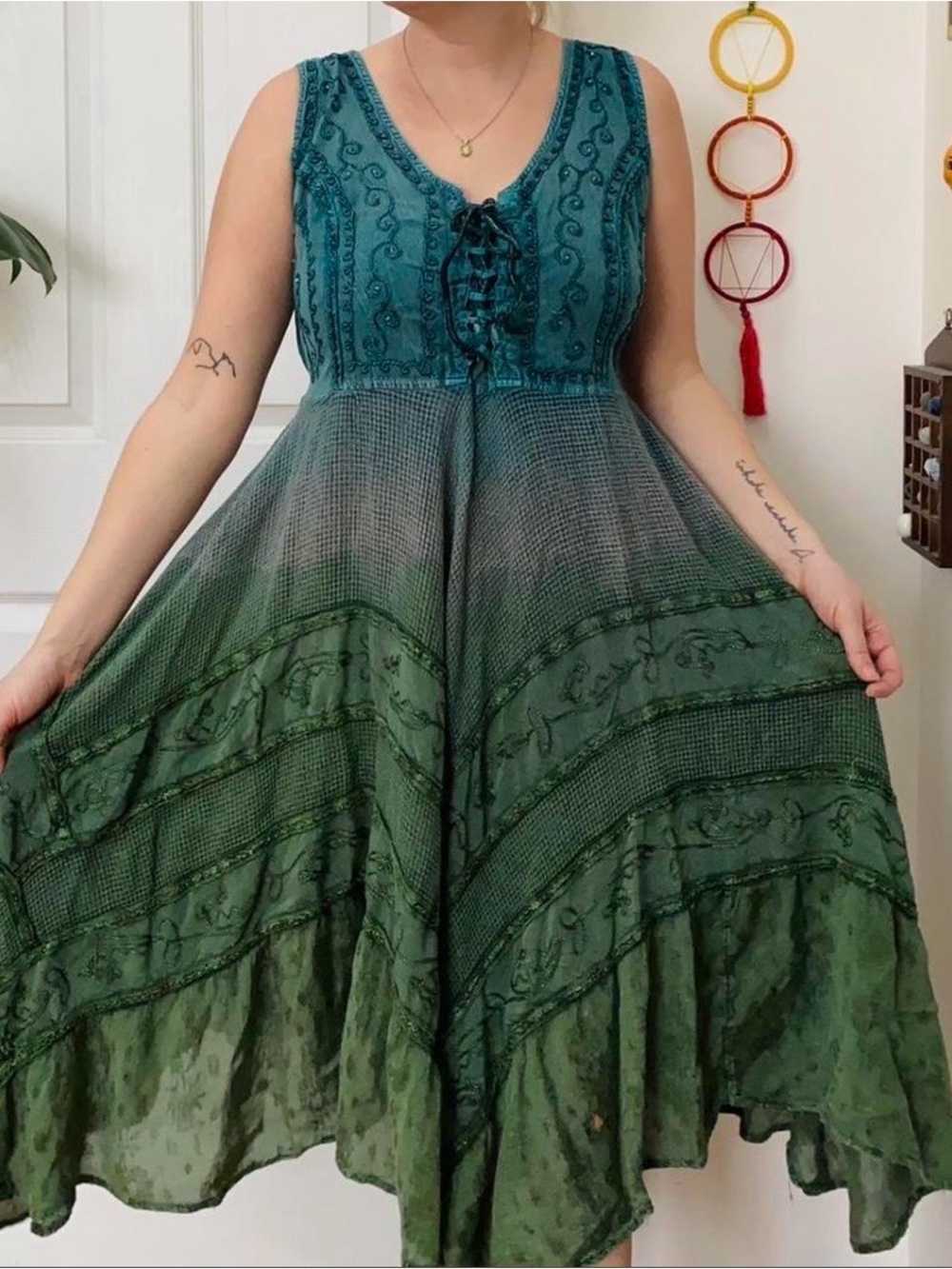 Boho Teal Green Sleeveless Tie-Front Maxi Dress